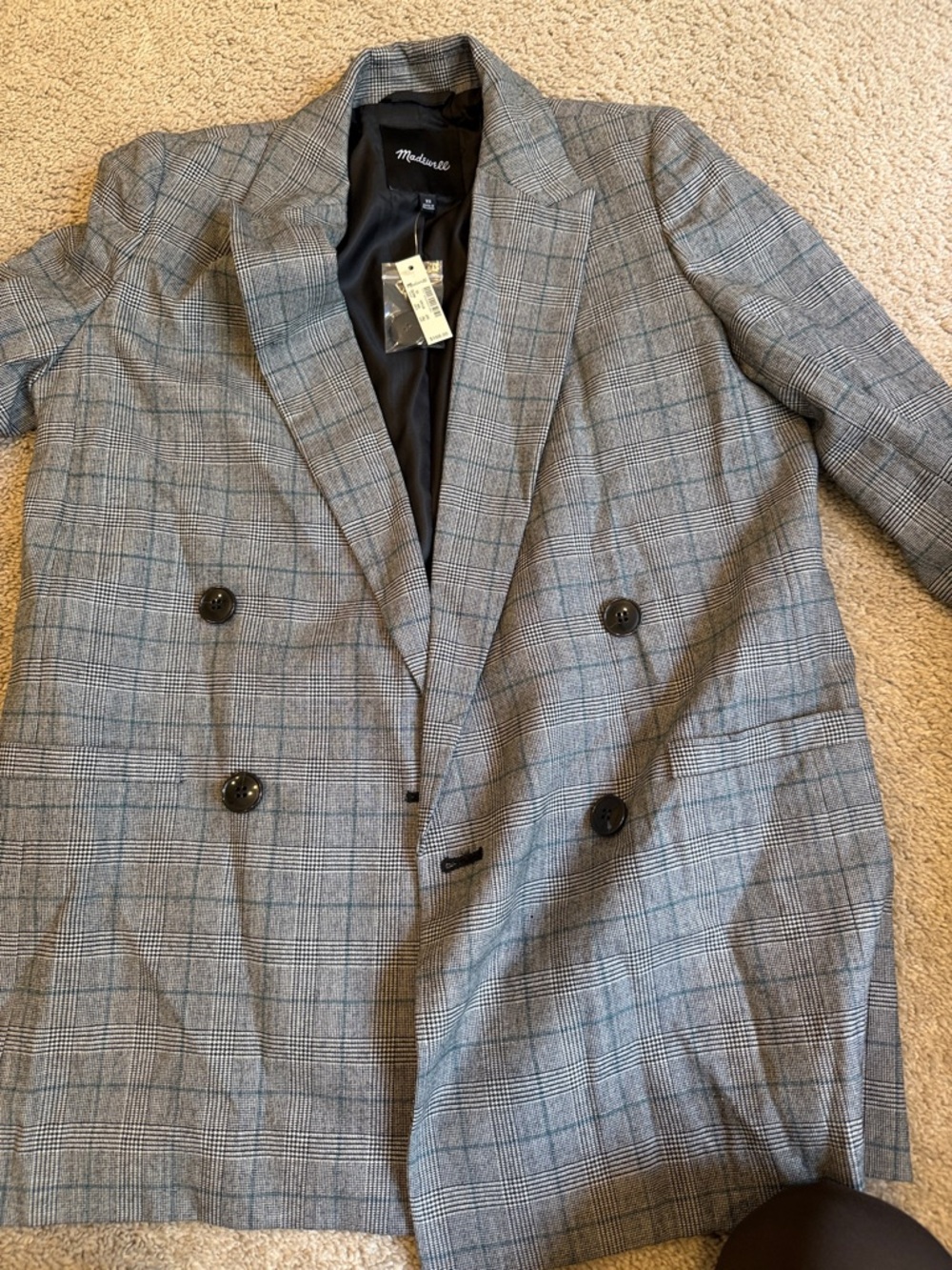 Madewell Gray Glen Plaid Double-Breasted Blazer